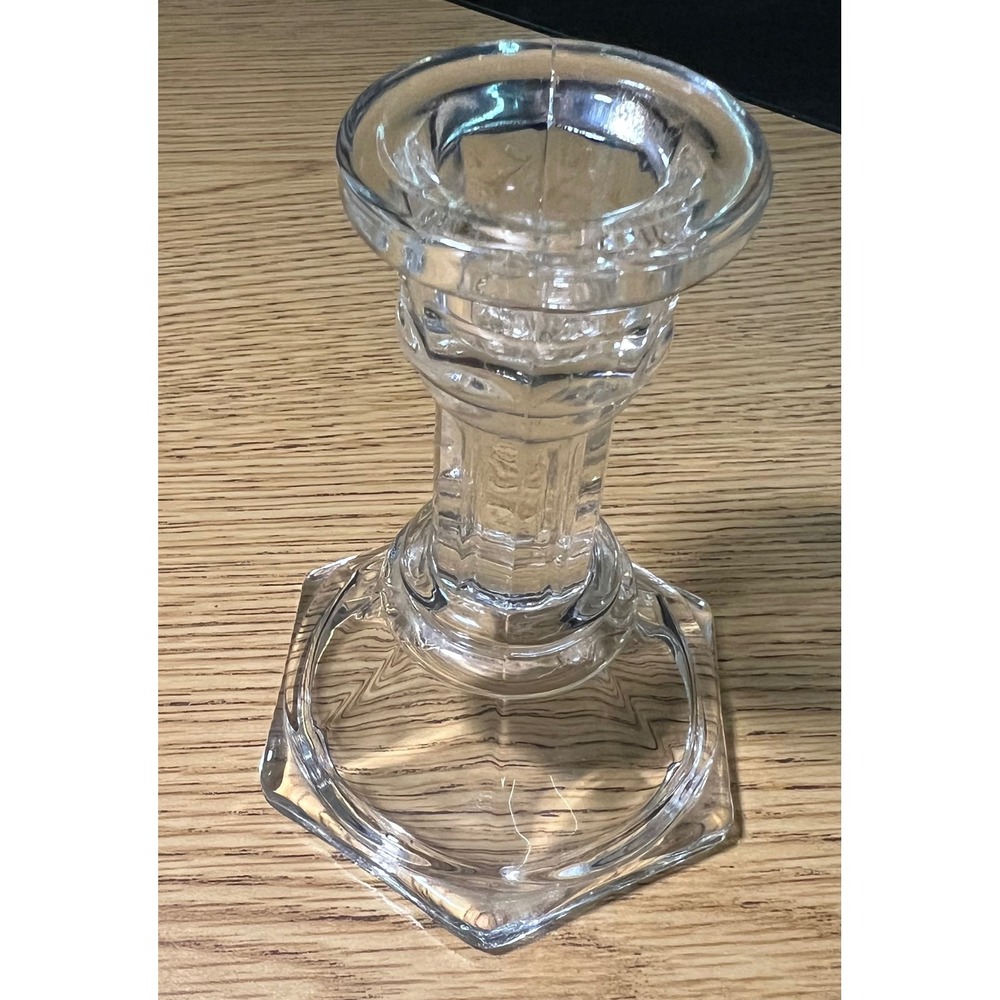 Vintage Clear Pressed Glass Candlestick Holder Hexagon Base Taper Candle Stand - Picture 1 of 7